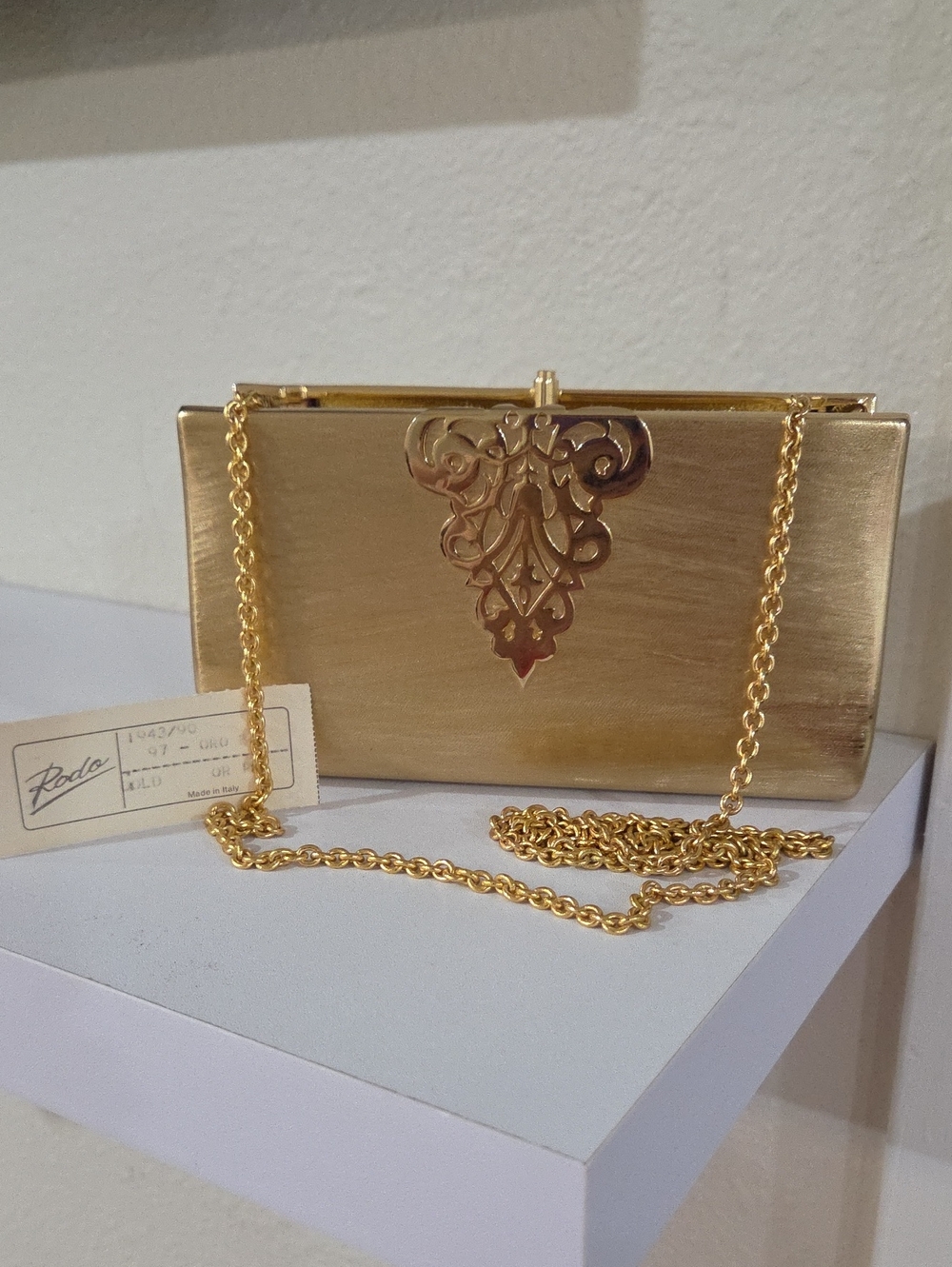 Rodo Gold Ornate Metal Evening Clutch with Chain Strap